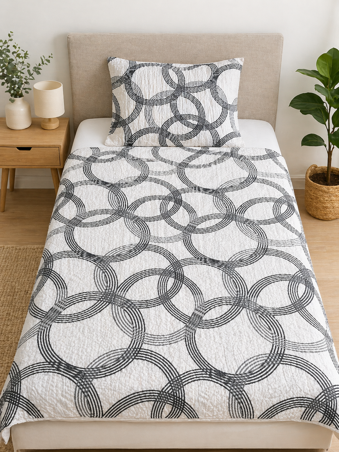 2-tlg. Seersucker Bettwäsche, 135x200 +80x80cm, bügelfrei, weiss mit Kreisen grau/schwarz