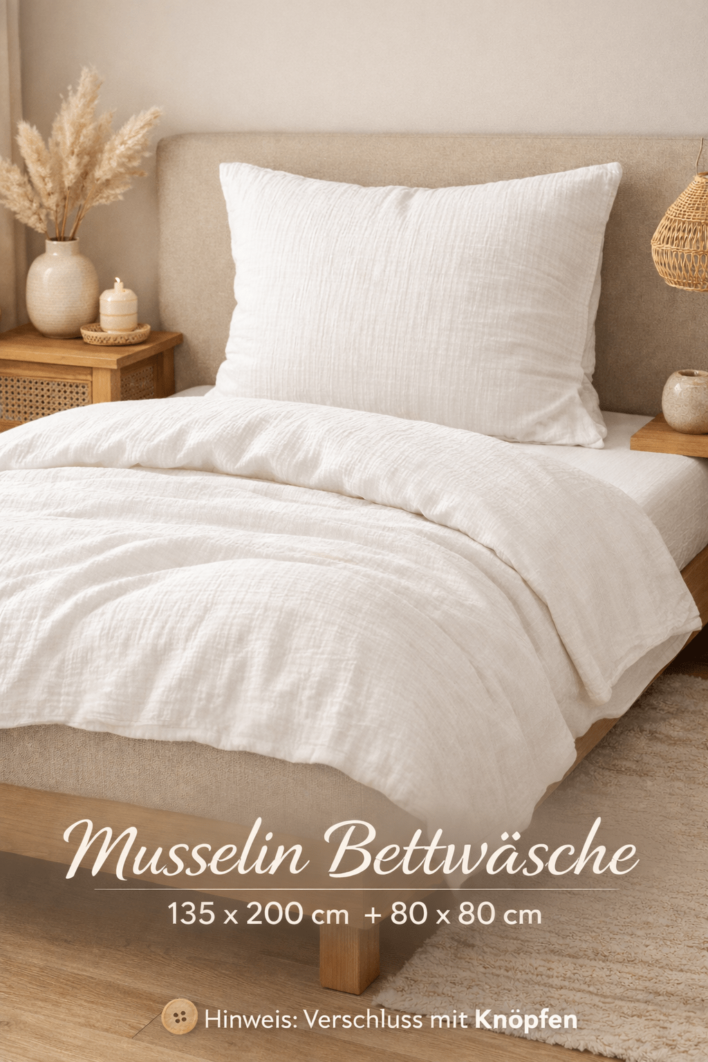 Weiße Musselin Bettwäsche 135x200 + 80x80 cm – Atmungsaktiv & Hautfreundlich