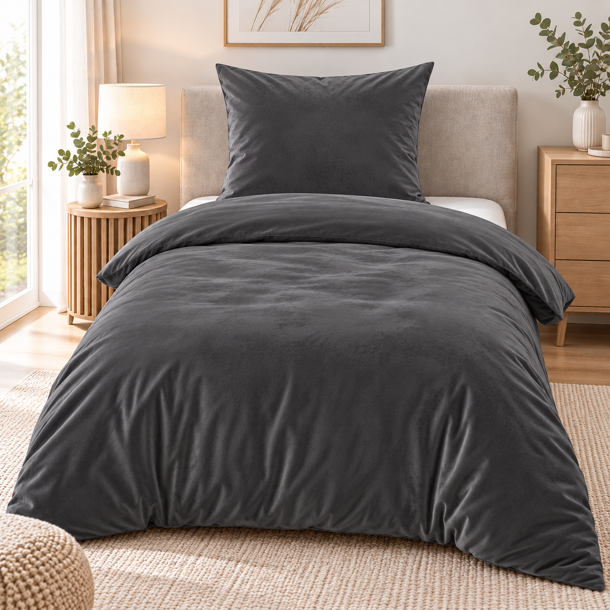 Winter Wende Bettwäsche Niki, Samt, 135x200+80x80cm uni grau, bügelfrei