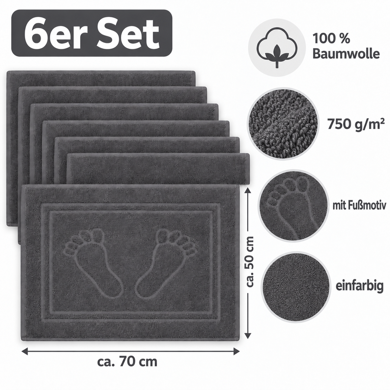 Duschvorleger 6er-Set 100 % Baumwolle, grau – 50 × 70 cm mit Fußmotiv