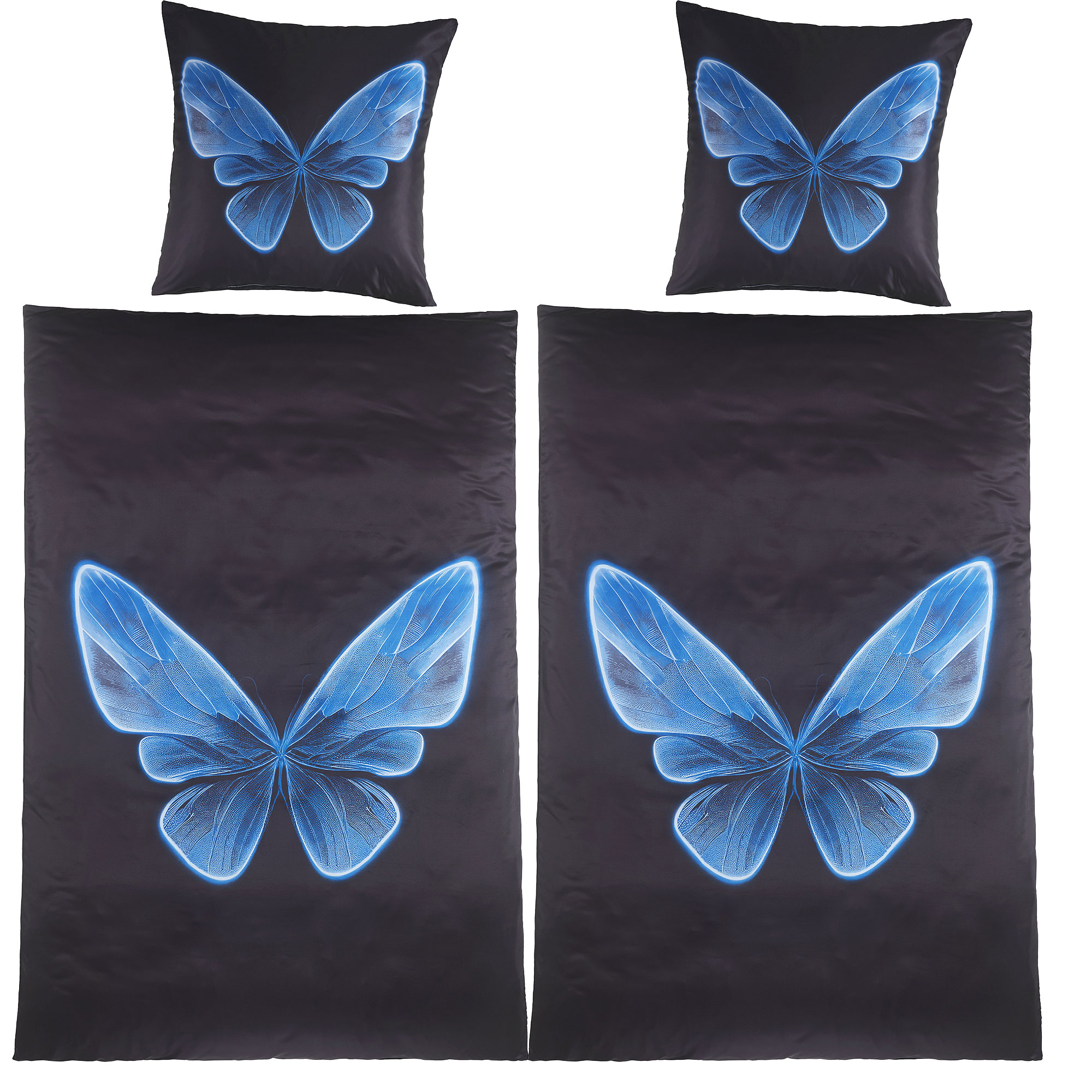 4-tlg. Motiv Bettwäsche, 2x(135x200 +80x80cm), Fotodruck, Schmetterling, schwarz blau
